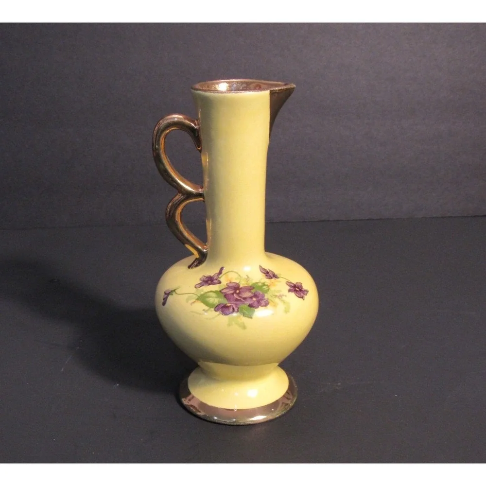 Vintage Yellow Ceramic Miniature Bud Vase Purple Violets Gold Trim 6.25in